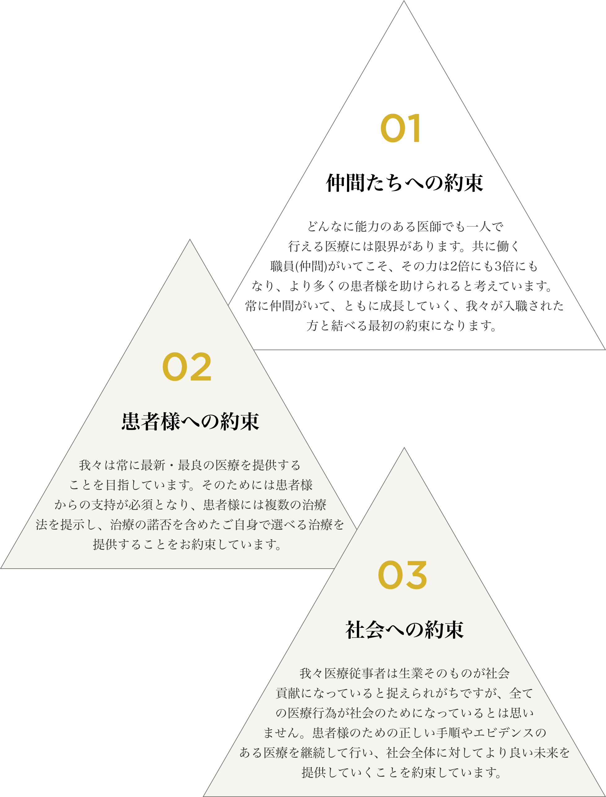 01 仲間たちへの約束 | どんなに能力のある医師でも一人で行える医療には限界があります。共に働く職員(仲間)がいてこそ、その力は2倍にも3倍にもなり、より多くの患者様を助けられると考えています。常に仲間がいて、ともに成長していく、我々が入職された方と結べる最初の約束になります。
            02 患者さまへの約束 | 我々は常に最新・最良の医療を提供することを目指しています。そのためには患者様からの支持が必須となり、患者様には複数の治療法を提示し、治療の諾否を含めたご自身で選べる治療を提供することをお約束しています。
            03 社会への約束 | 我々医療従事者は生業そのものが社会貢献になっていると捉えられがちですが、全ての医療行為が社会のためになっているとは思いません。患者様のための正しい手順やエビデンスのある医療を継続して行い、社会全体に対してより良い未来を提供していくことを約束しています。